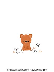 Cute cartoon bear in forest. Vector print for children room, fabric, paper, greeting card, postcard, card, t shirt, poster, textile. Vector illustration
