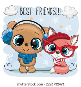 Cute Cartoon Bear and Fox on a blue background