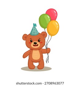 Oso lindo de la historieta con el regalo y los globos. Oso de peluche en estilo plano para tarjeta de felicitación, libro, página de actividad. Postal de feliz cumpleaños. Ilustración vectorial
