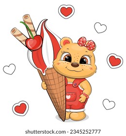 Cute cartoon bear girl with big ice cream. Summer animal vector illustration on white background with red hearts. 