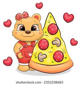 Cute cartoon bear girl with a big piece of pizza. Vector illustration of animal on a white background with red hearts and mushrooms.