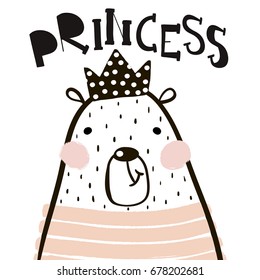 Cute cartoon bear girl with crown in scandinavian style. Childish print for nursery, kids apparel,poster, postcard. Vector Illustration