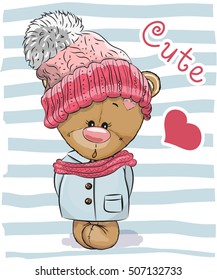 Cute Cartoon bear girl in a hat and coat