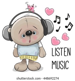 Cute cartoon Bear Girl with headphones and hearts