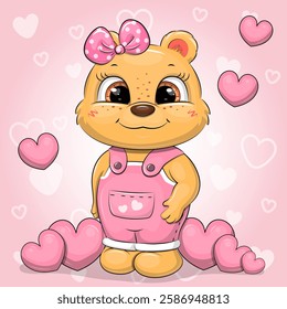 A cute cartoon bear girl holds in pink jumpsuit. Vector illustration of an animal on the pink background with hearts.