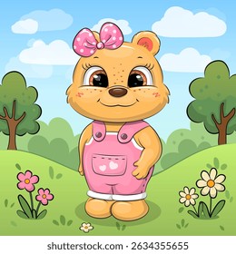 Cute cartoon bear girl in nature. Vector illustration of an animal with pink and white flowers, grass and trees.