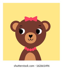 Cute cartoon bear girl on yellow background