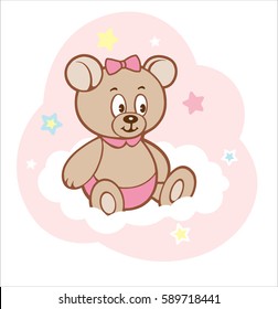 Cute cartoon bear girl on white cloud. Vector illustration isolated on white.