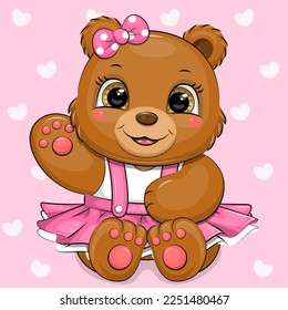 Cute cartoon bear girl in a pink skirt. Vector illustration of an animal on a pink background with hearts.