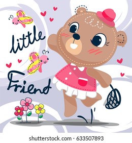 Cute cartoon bear girl playing with butterfly on round brush background illustration vector.