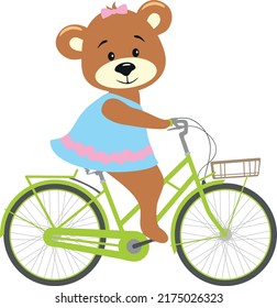 Cute cartoon bear girl rides a bicycle. Vector