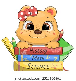 Cute cartoon bear girl with school books, pencils, notebook and  measuring ruler. Vector illustration of a animal on a white background.