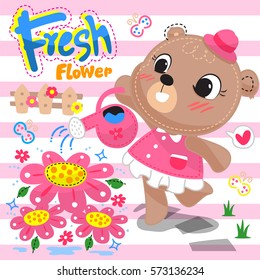 Cute cartoon bear girl watering flower in the garden on pink striped background illustration vector.