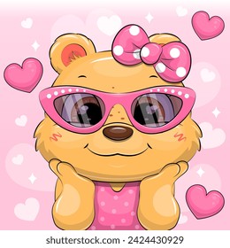 Linda chica de oso de dibujos animados con gafas rosas y lazo de pelo. Ilustración vectorial de un animal sobre un fondo rosa con corazones.