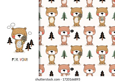 Cute cartoon bear. Greeting card and kids seamless pattern set. Forest animal character. Hand drawn shirt print and clothes design illustration. Surface design.