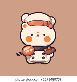 A cute cartoon bear with a hat and a bow is holding a pastry