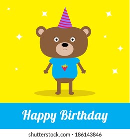 Cute cartoon bear with hat. Happy Birthday party card. Vector illustration