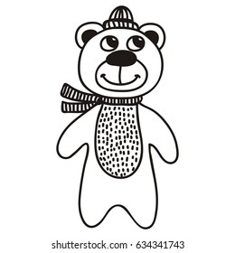 Cute cartoon bear in hat and scarf. Vector illustration.