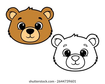Cute cartoon bear head illustration, with one colored brown version and one black and white outline. Ideal for animal themes or coloring pages.