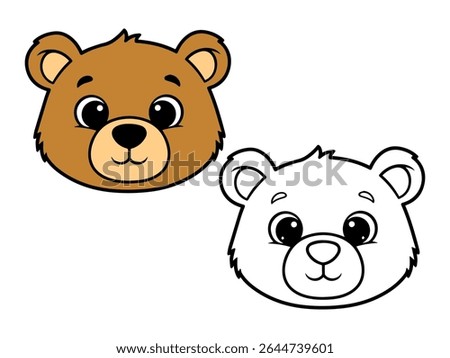 Cute cartoon bear head illustration, with one colored brown version and one black and white outline. Ideal for animal themes or coloring pages.