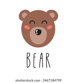 Linda cabeza de oso de dibujos animados con letras. Los niños diseñan para impresión, póster, pegatinas, guardería. 