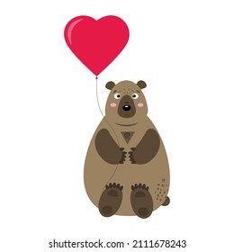Cute cartoon bear with a heart, vector valentine card for Valentine's Day