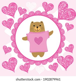 Cute cartoon bear hearts love. Vector illustration