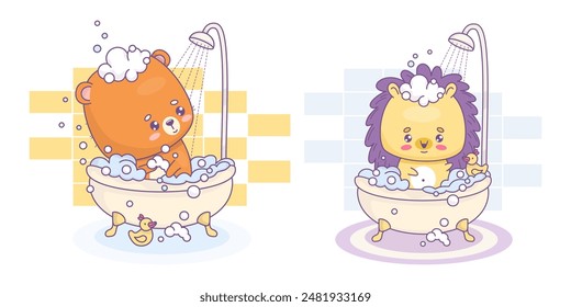 Netter Comic-Bär und Igel badet in Bad mit Schaum und Gummiente. Vereinzelte lustige kawaii Tiere Charakter in der Dusche im Badezimmer. Vektorillustration. Kollektion für Kinder