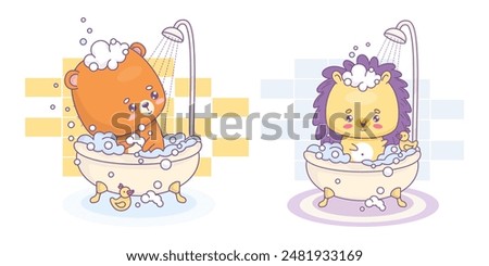 Cute cartoon bear and hedgehog bathes in bath with foam and rubber duck. Isolated funny kawaii animals character in shower in bathroom. Vector illustration. Kids collection