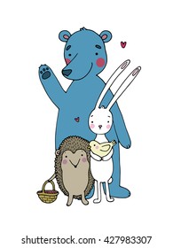 Cute cartoon bear, hedgehog, hare and bird. Animals of the forest. Hand drawn vector illustration on a white background. 