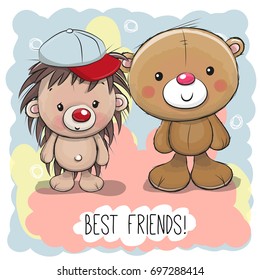Cute Cartoon Bear and Hedgehog on a pink background