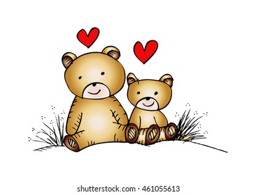 Cute cartoon bear and her child. Hand drawing illustration.