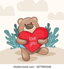 cute cartoon bear hold a heart with i love you text.  happy valentine flat design illustration