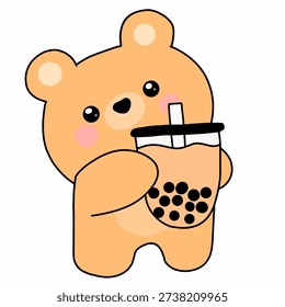 Cute cartoon bear holding bubble tea drink, featuring kawaii animal character illustration, adorable chibi style, colorful minimal design, and charming mascot artwork.
