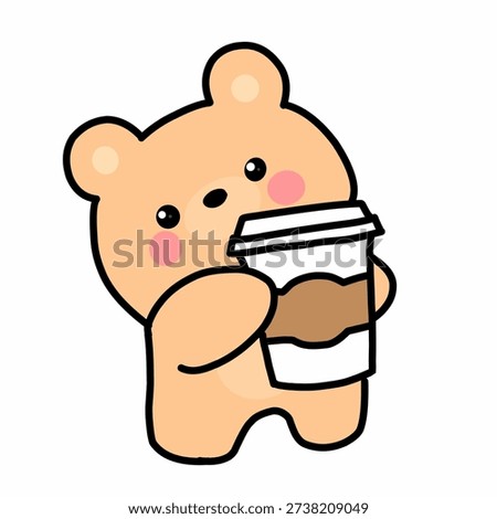 Cute cartoon bear holding coffee cup, featuring kawaii animal character illustration, adorable chibi style, colorful minimal design, and charming mascot artwork.
