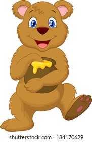 Cute cartoon bear holding honey pot