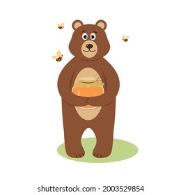 Cute cartoon bear holding honey jar. Vector illustration for design