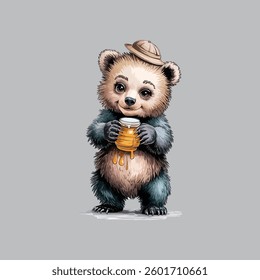 Cute Cartoon Bear Holding Honey Jar – Adorable Vector Illustration

