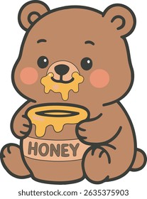 A cute cartoon bear holding a honey jar with a sweet expression, perfect for children illustrations and educational materials.