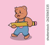 Cute cartoon bear holding a large pencil, suitable for education and children's content.