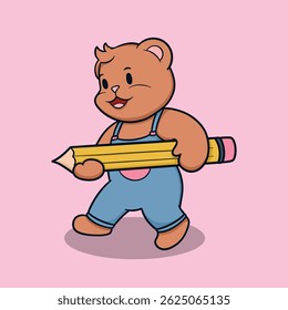 Cute cartoon bear holding a large pencil, suitable for education and children's content.