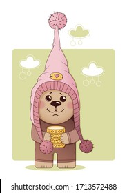 Cute cartoon bear is holding a mug with warm milk. On his head is a tall, warm hat with pumpkins. The picture can be used as a greeting card or print on fabric.