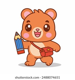 Cute Cartoon Bear Holding a Pencil and Sling Bag Vector Illustration, Animals Education Icon Isolated Premium Vector. Cartoon Style