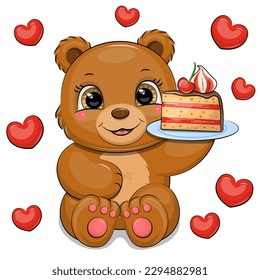A cute cartoon bear is holding a plate with a piece of cake. Vector illustration of an animal with red hearts on a white background.