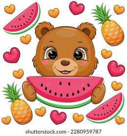 Cute cartoon bear is holding a watermelon. Summer animal vector illustration with fruits and hearts.