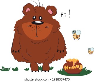 Cute cartoon bear. Bear with honey. Two little bees.