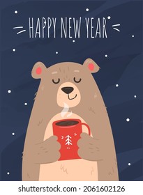 Cute cartoon bear with hot cup of beverage. New year card