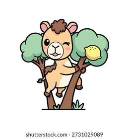 Cute cartoon bear hugging a tree with green leaves and a yellow fruit