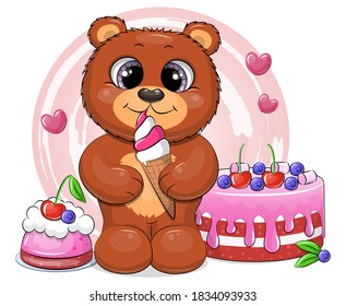 Cute cartoon bear with ice cream and cakes. Sweet vector illustration of animal with desserts.