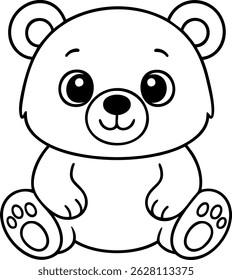 Cute cartoon bear illustration for kids, black and white forest animal line art, smiling baby bear drawing for coloring book or educational materials